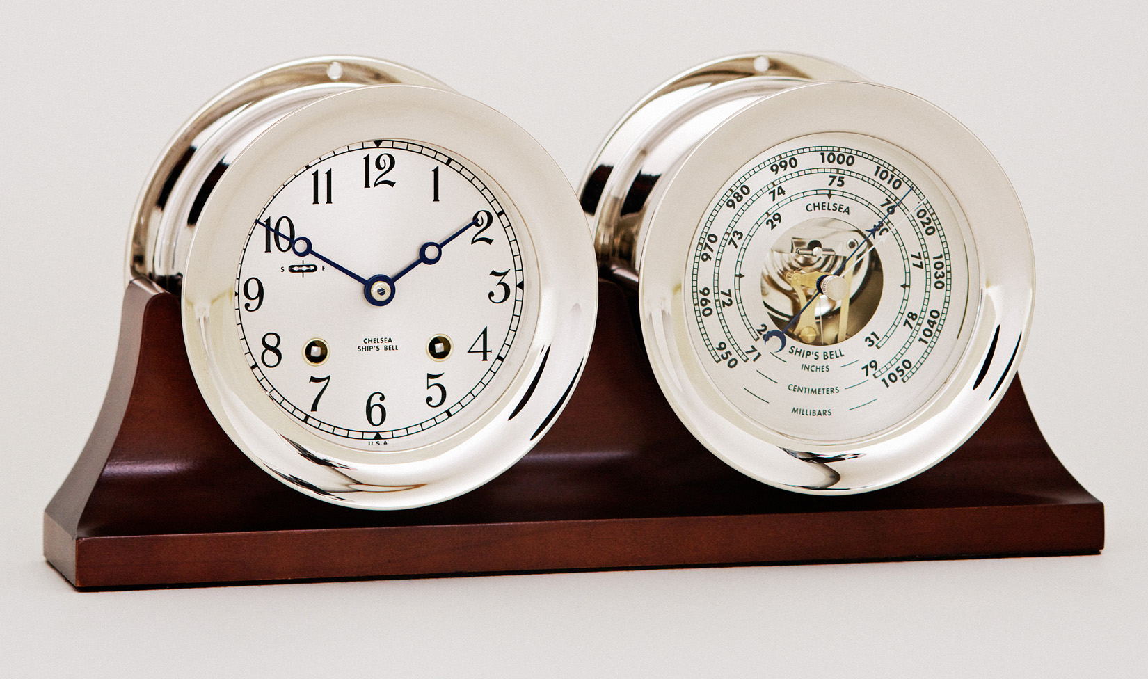 4.5-inch Dial Ship's Bell Clock, $1600, Barometer, $520, Double Base. $80